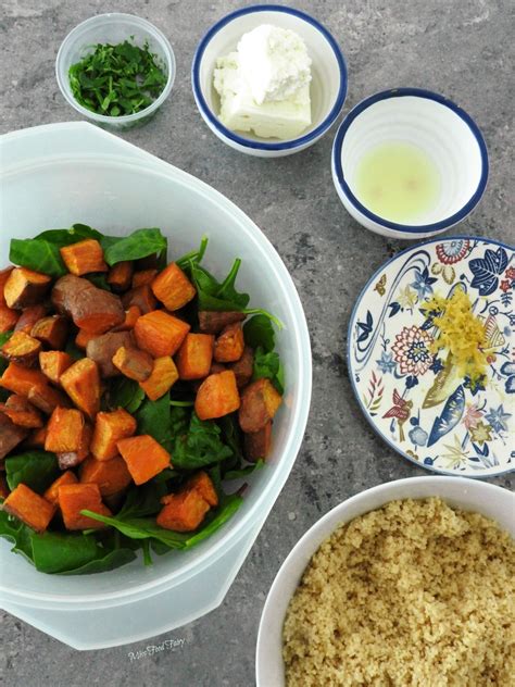 Roast Sweet Potato And Spinach Couscous Salad With Crispy Skin Salmon