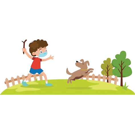 Premium Vector A Boy Playing A Fetch On His Dog While Using Medical Mask