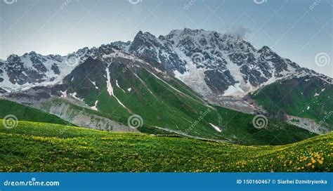 Snowy Rocky Mountain And Summer Grassy Meadow In Svaneti Georgia