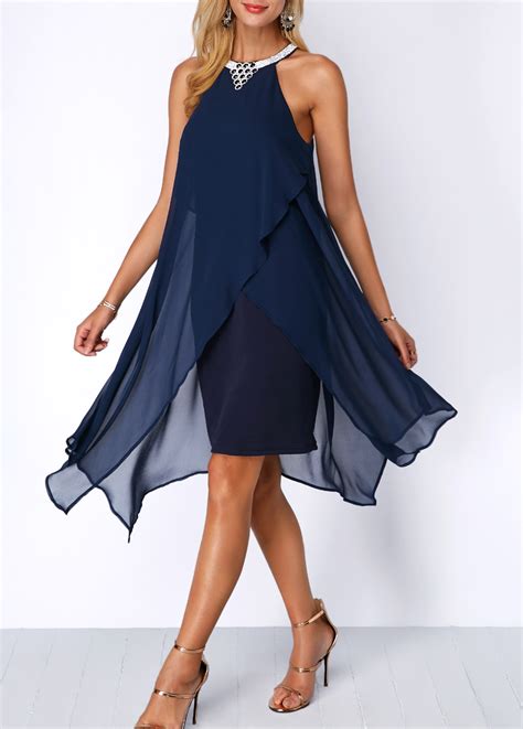 Asymmetric Hem Embellished Neck Navy Blue Chiffon Dress Rosewe Com
