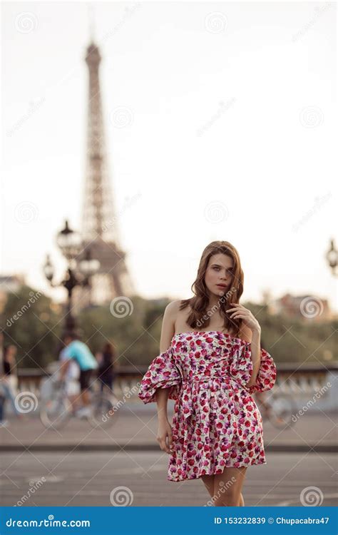 Beautiful Girl Is Walking In Paris With Eiffel Tower View France