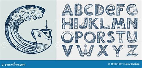 Decorative Marine Alphabet In Ancient Style Waves And The Sea In