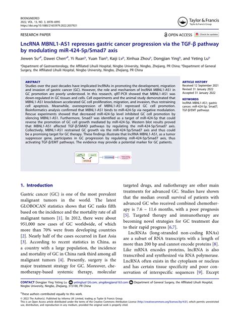 Pdf Lncrna Mbnl As Represses Gastric Cancer Progression Via The Tgf