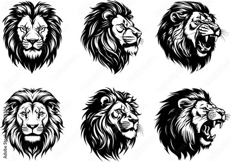 Wild Roaring Lion King Head Tattoo Set Front And Side View Predator