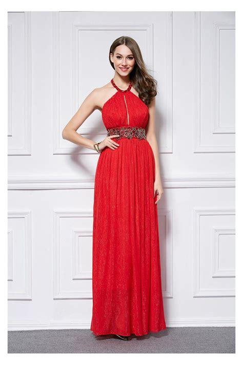 Red Empire Waist Long Halter Open Back Dress 92 Ck443