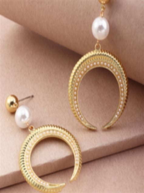 Buy Urbanic Gold Toned Off White Beaded Crescent Shaped Drop Earrings