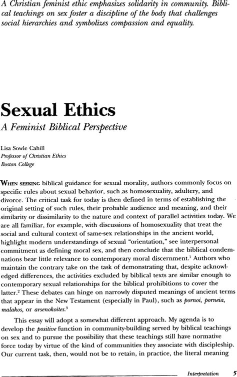 Sexual Ethics A Feminist Biblical Perspective Lisa Sowle Cahill 1995