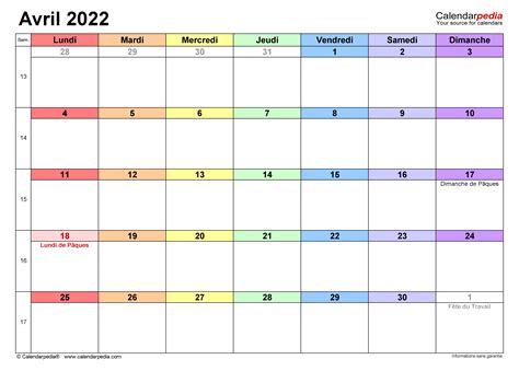 Calendrier Avril 2022 Excel Word Et Pdf Calendarpedia