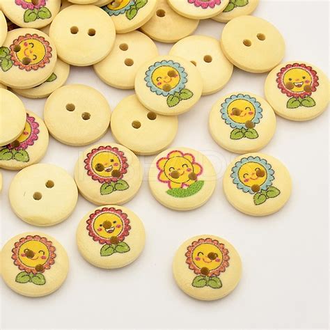 Wholesale Flat Round With Sunflower Dyed 2 Hole Printed Wooden Buttons
