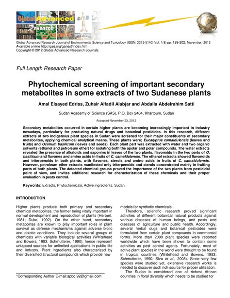 Verify the presence of chemical constituents that can be utilized in the preparation of new. (PDF) Phytochemical screening of important secondary ...