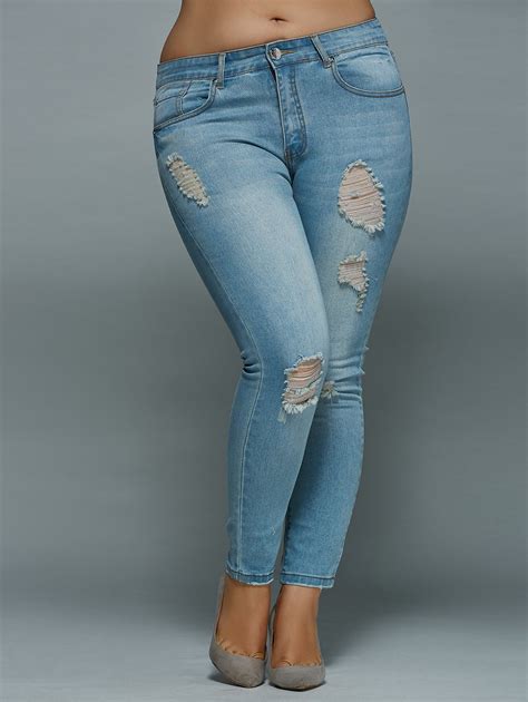 High Waisted Plus Size Skinny Ripped Jeans Plus Size Distressed Jeans