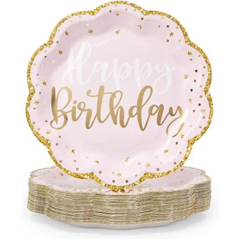 Pink Happy Birthday Party Plates With Gold Glitter Edges 9 In 48 Pack