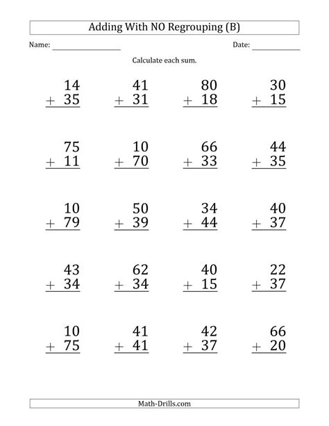 The Large Print 2 Digit Plus 2 Digit Addition With No Regrouping
