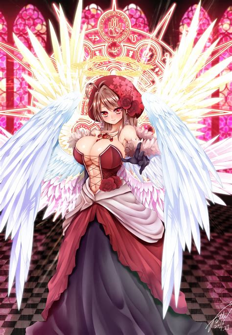 Wallpaper Illustration Long Hair Anime Girls Brunette Wings Angel Dress Cleavage Red