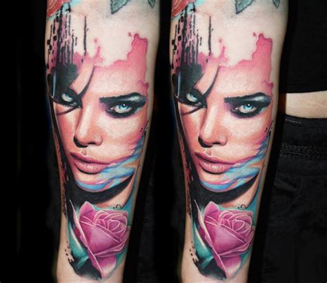 New School Style Colored Woman Portrait Tattoo On Forearm With Pink Rose Tattooimages