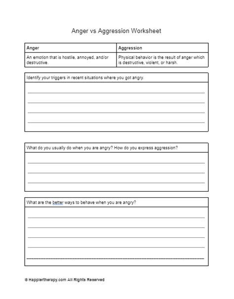 Anger Vs Aggression Worksheet Happiertherapy