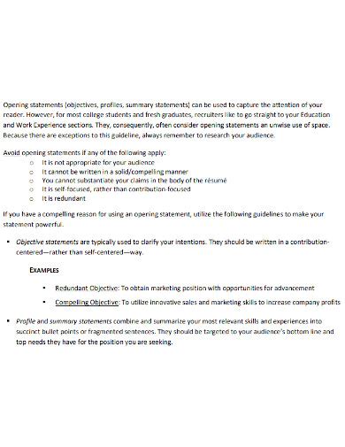 Resume Opening Statement 6 Examples Format Pdf Tips
