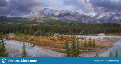 Scenic Canadian Rocky Mountains By The Bow River In Banff National Park
