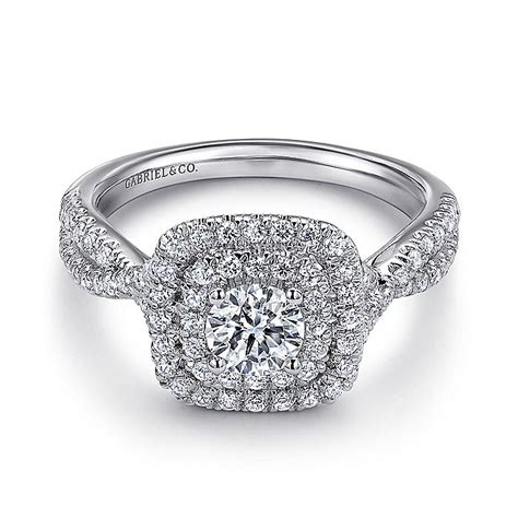 14k White Gold Cushion Double Halo Round Diamond Engagement Ring