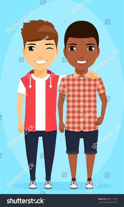 Two Boys Different Ethnic Groups Standing เวกเตอร์สต็อก ปลอดค่า