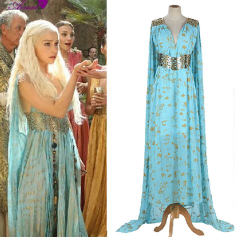 Long Blue Dress Cosplay Game Thrones Daenerys Targaryen Wedding Costume Halloween Party