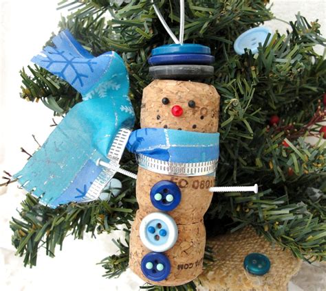 Snowman Champagne Cork Ornament With Vintage Buttons 12