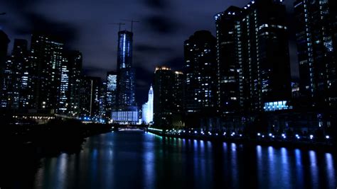 Time Lapse Shot Of Chicago Night Skyline In Blue Stock