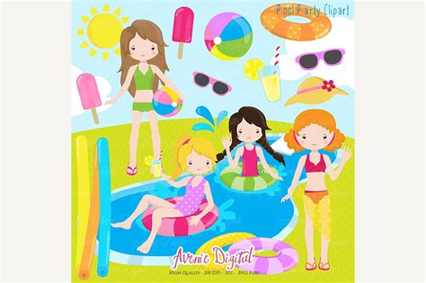Girls Pool Party Clipart Illustrations ~ Creative Market