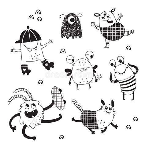 Cute Set Of Black And White Monsters Stock Illustration Illustration