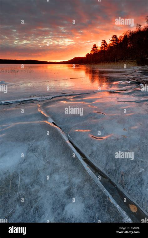 Sunrise Over Frozen Lake Rådasjön Mölndal Sweden Europe Stock Photo