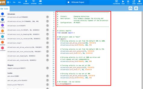 Using Example Python Projects in VEXcode VR – VEX Library
