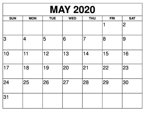 May 2020 Calendar Printable With Holidays Usa