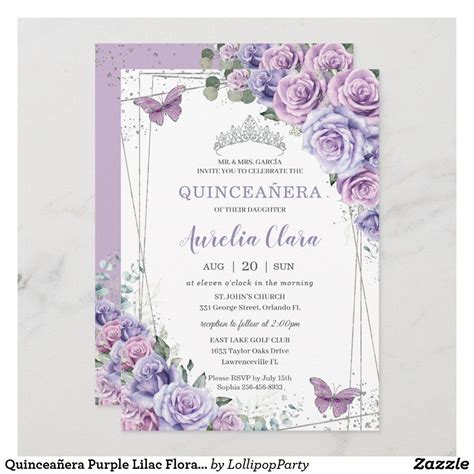 quinceañera lilac purple flowers butterflies crown invitation zazzle artofit