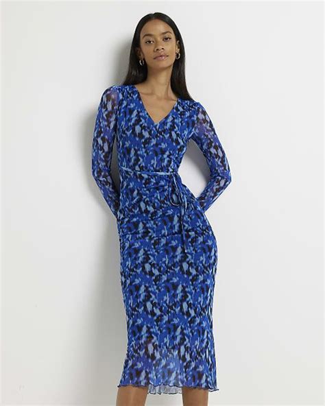 River Island Blue Print Belted Midi Bodycon Dress Lyst