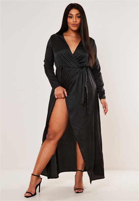 Plus Size Black Satin Wrap Maxi Dress Missguided