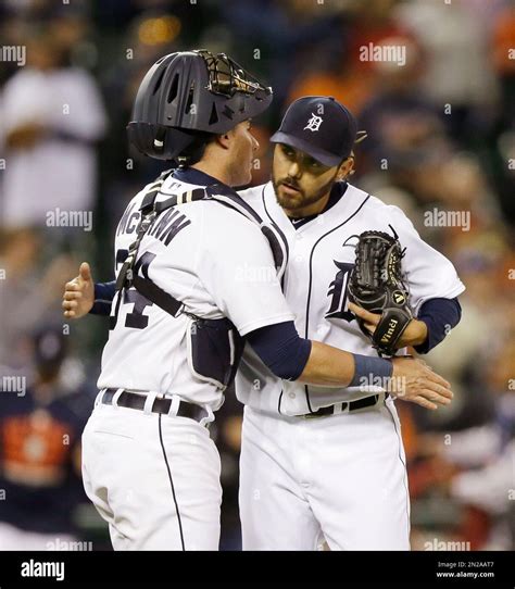 Detroit Tigers Catcher James McCann And Relief Pitcher Joakim Soria Hug