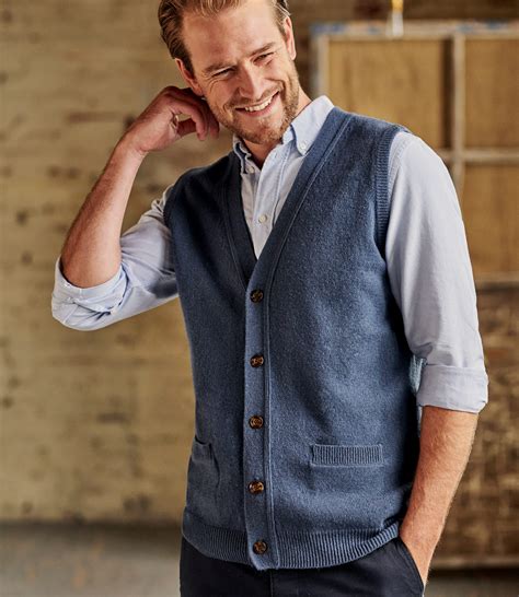 Dusk Blue Mens Lambswool Knitted Waistcoat Woolovers Au