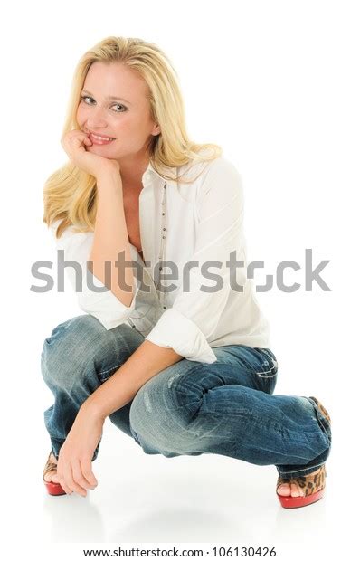 Beautiful Blonde Woman Modeling Jeans White Stock Photo Edit Now