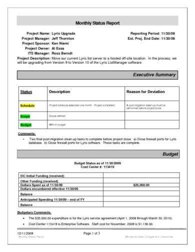 Monthly Status Report Template 3 Templates Example Templates