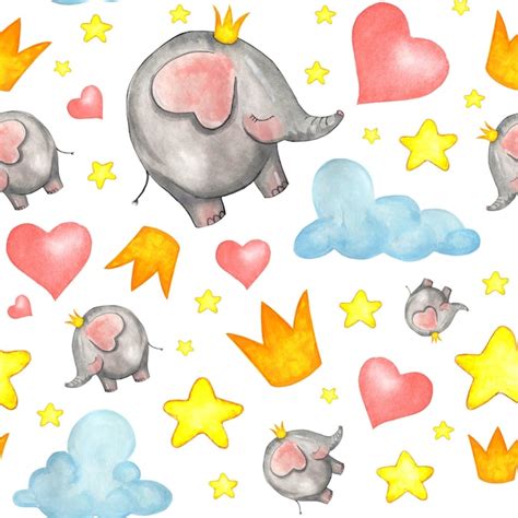 Patrón Sin Fisuras Con Elefantes Estrellas Nubes Y Corazones Foto