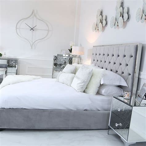 Grey Double Size Bed With A Chrome Frame And Velvet Style Upholstery Bedroom Bed Bedroom