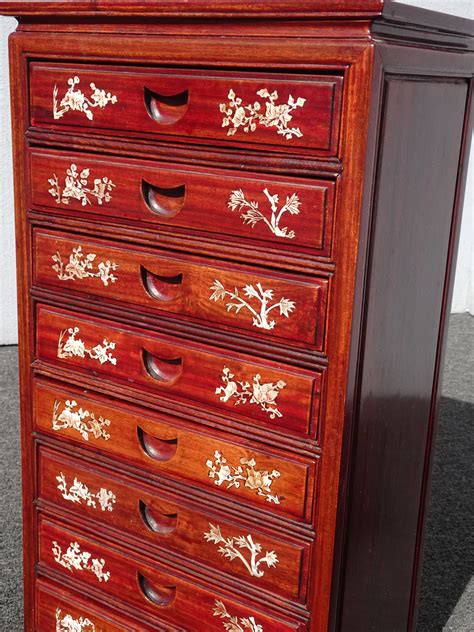 Vintage Rosewood Asian Jewelry Box Storage Cabinet With Mother Of Pearl