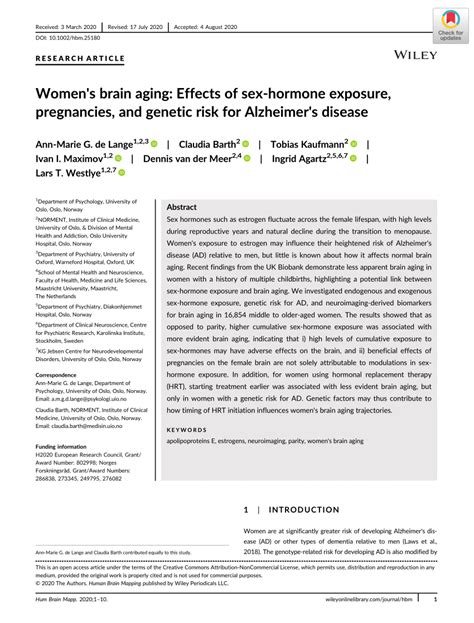 pdf women s brain aging effects of sex‐hormone exposure pregnancies and genetic risk for
