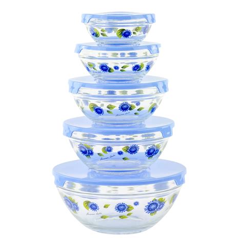 10 Piece Glass Food Storage Container Set With Lids And Flower Design