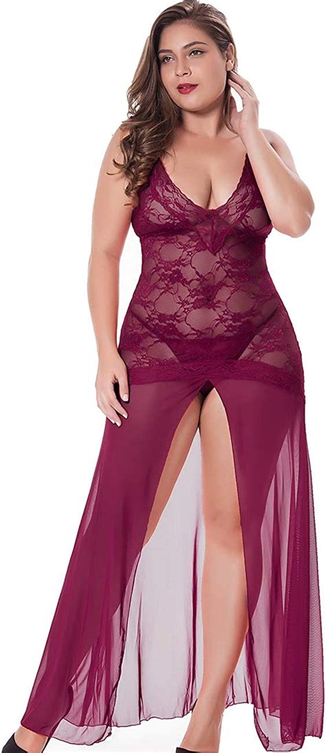Lingerlove Womens Plus Size Lingerie Sexy Split Maxi Long Gown Sheer Dress Clothing