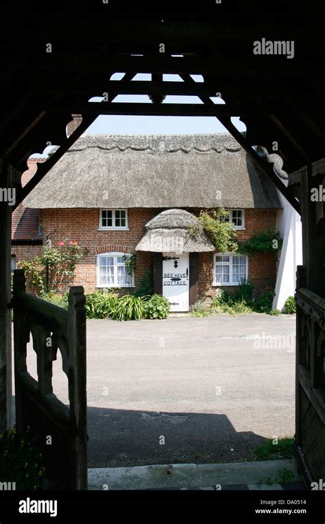 Thatched Cottage From Lych Gate Puddletown Thomas Hardys Weatherbury Dorset England Uk Stock