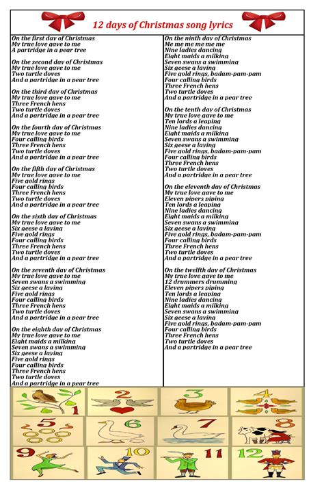 Learn the history and lyrics for the christmas song twelve days of christmas. 12 days of Christmas lyrics printable in PDF ...