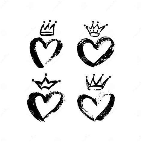 Hand Drawn Crown And Heart Icon Set In Black Color Ink Brush Crowns