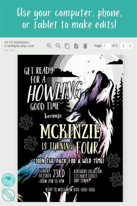 Howling Wolf Birthday Invitation Printable Digital Editable Invitation Girls Wolf Birthday