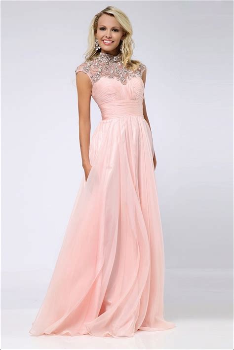 2015 High Neck Prom Dresses A Line Chiffon Peach Crystal Evening Dress